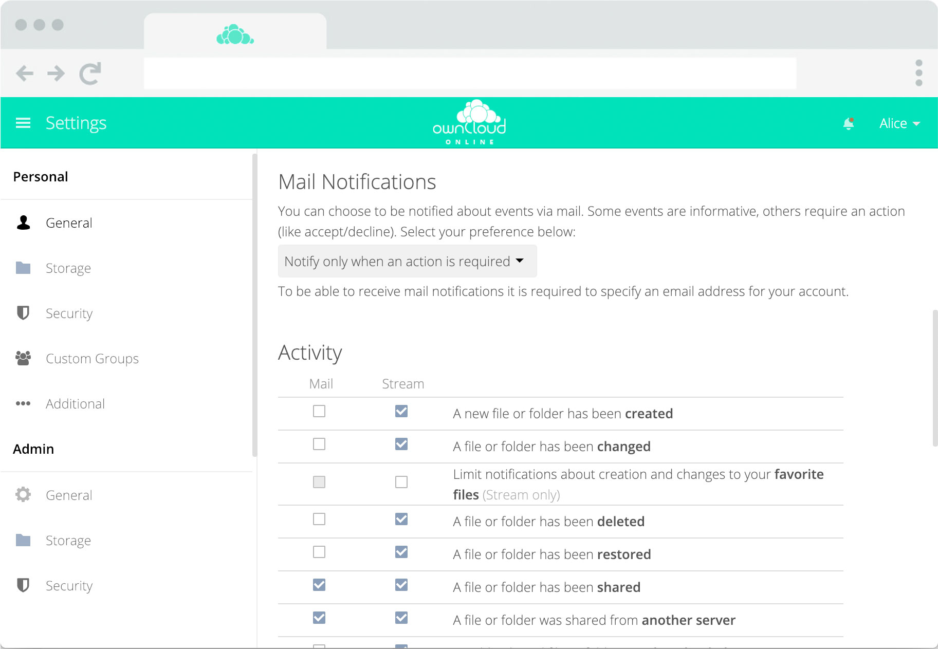 ownCloud.online - Notifications step 2