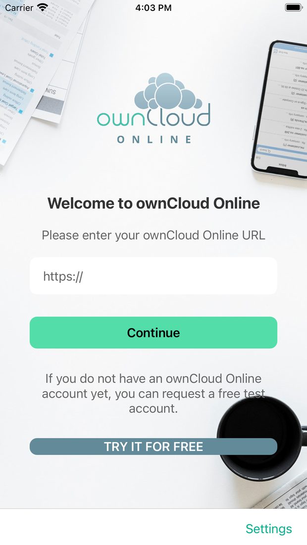 Welcome screen: enter your cloud address