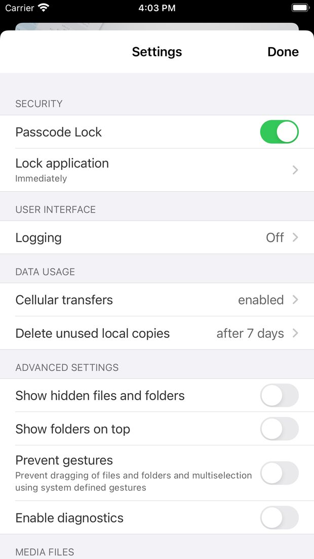 Settings including passcode lock